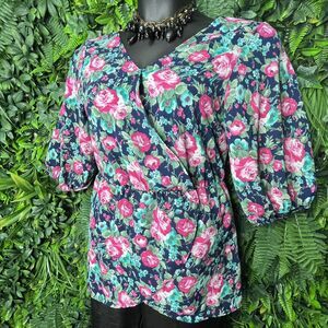 Promises Tops Women 1XL Blue V Neckline Peplum Blouse Floral Print 0020‎